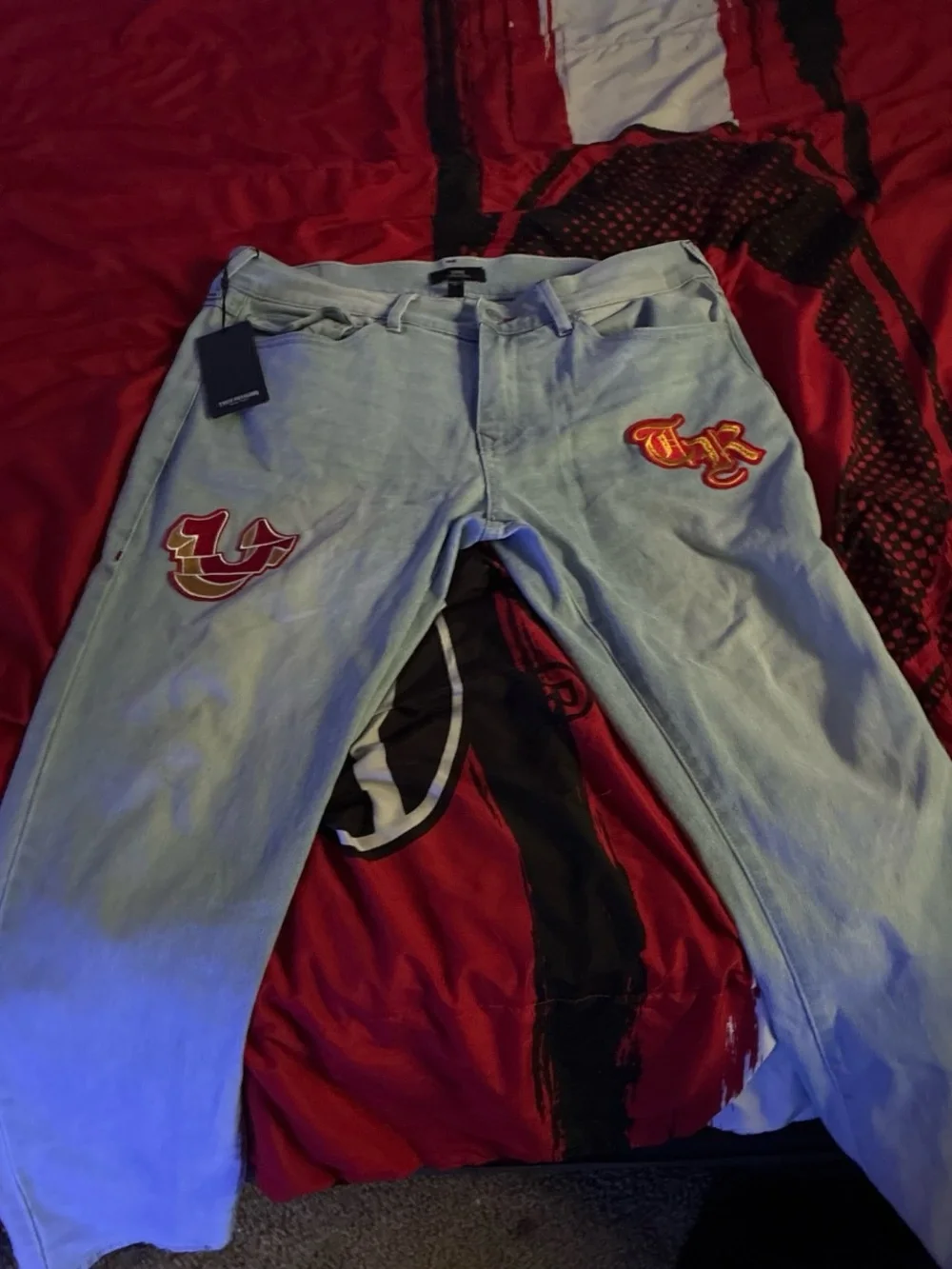 Light Blue Embroidered Patch Mens Jeans - Brand: True Religion